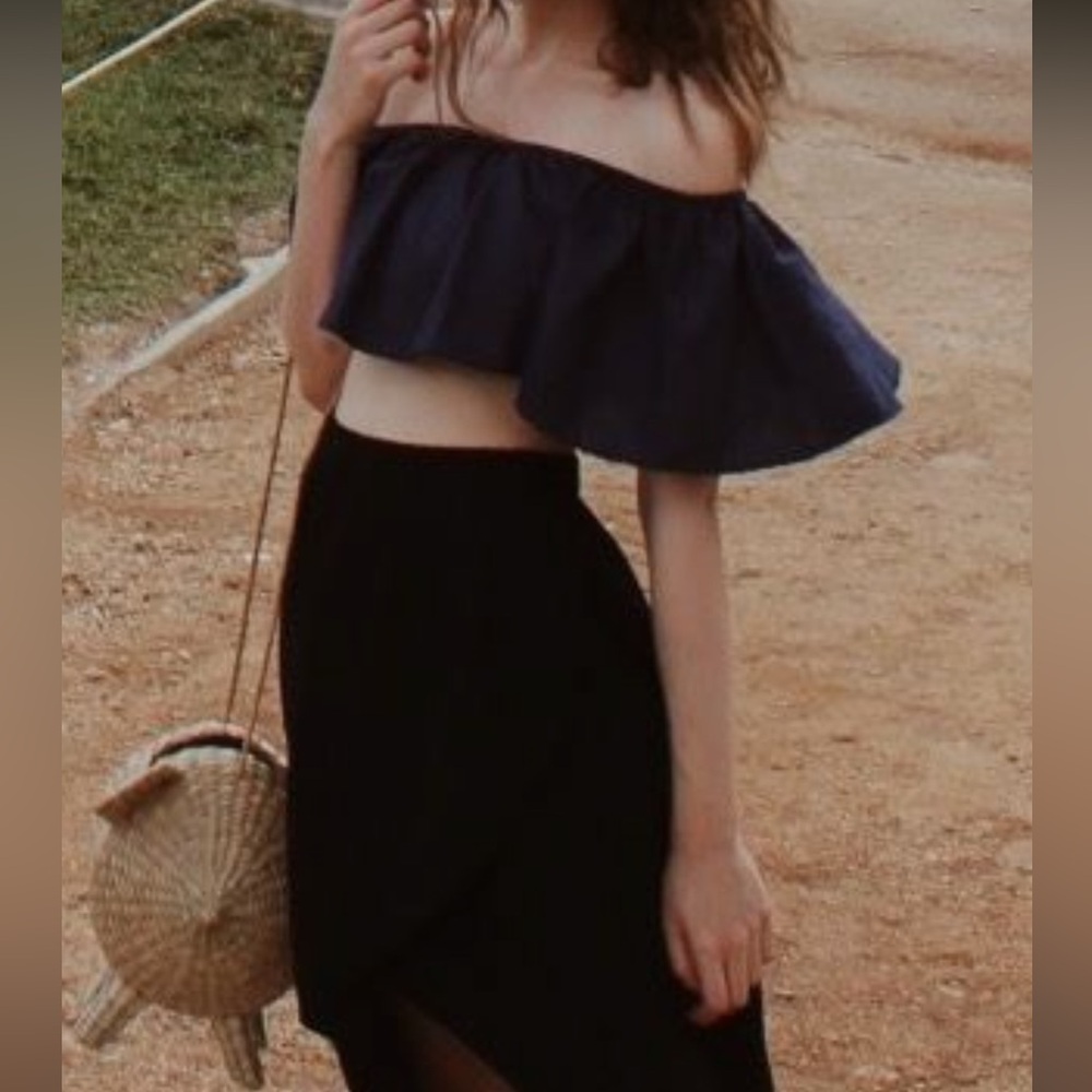 Reformation Blue Linen off-the-shoulder  top
